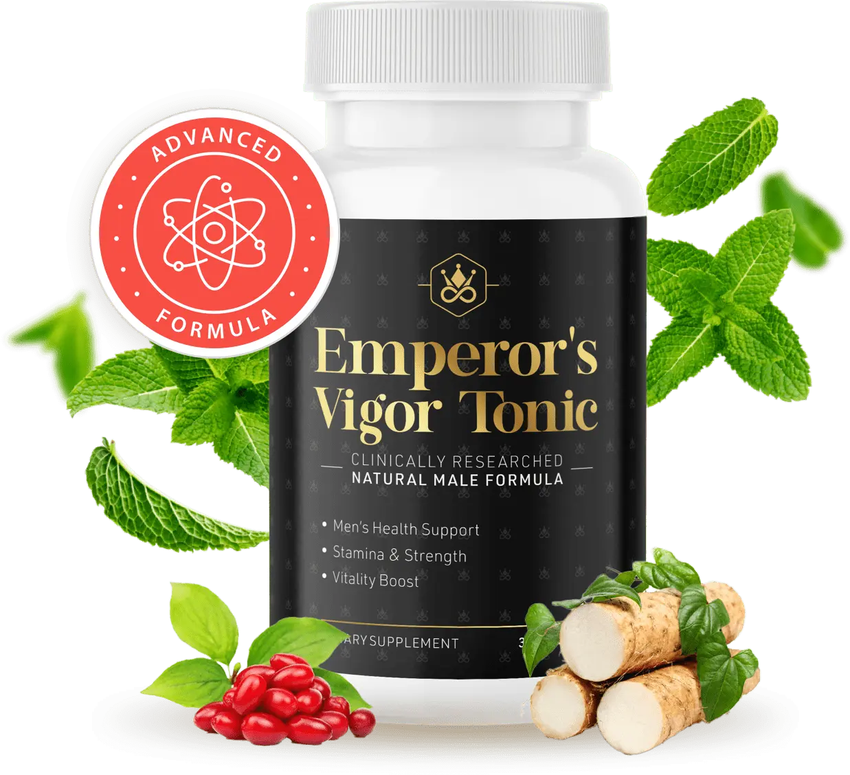 Emperor's Vigor Tonic bottle — natural male vitality supplement with plant ingredients